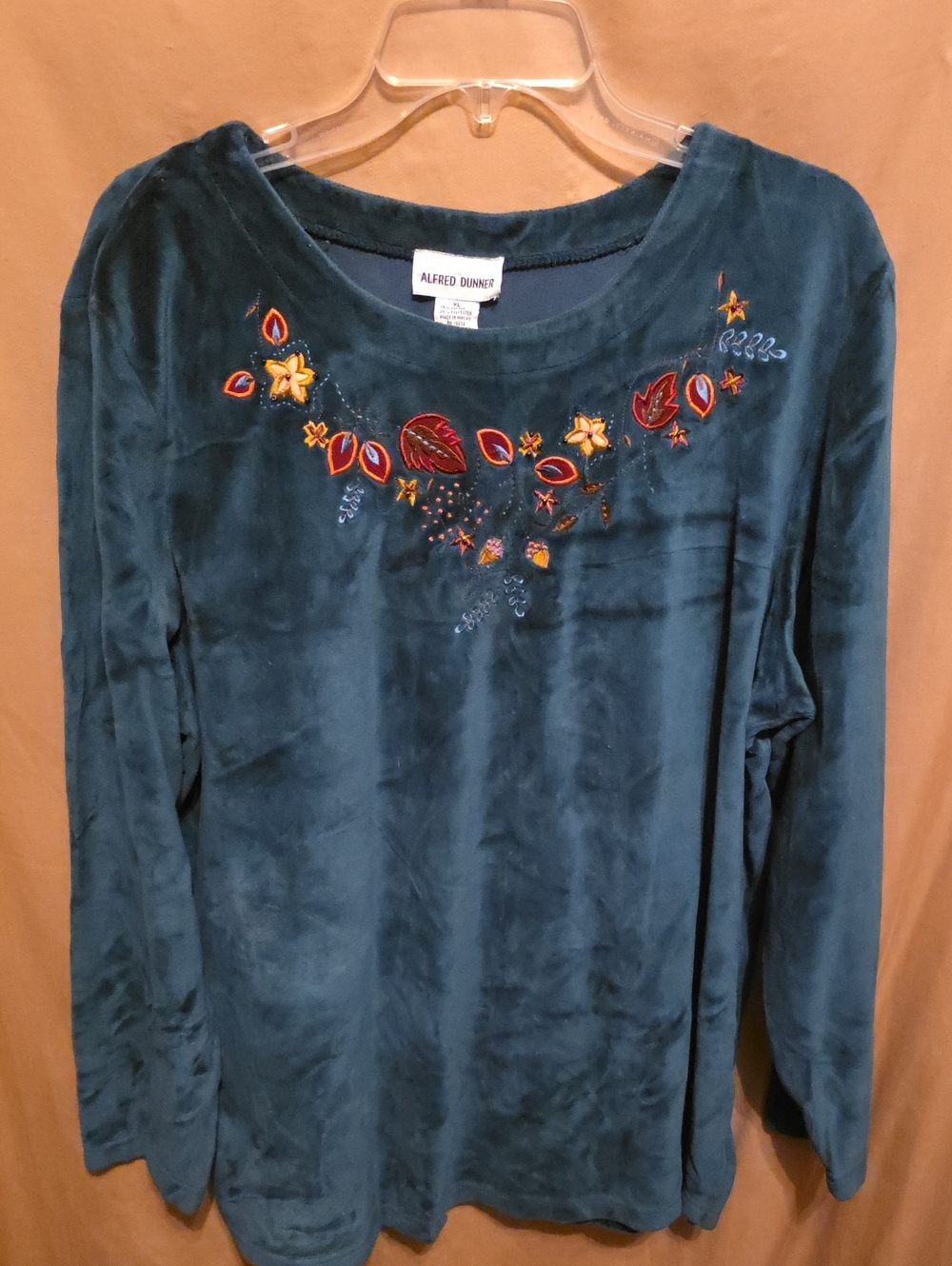 Ladies' Teal Velvet Embroidered Long-Sleeve Top XL